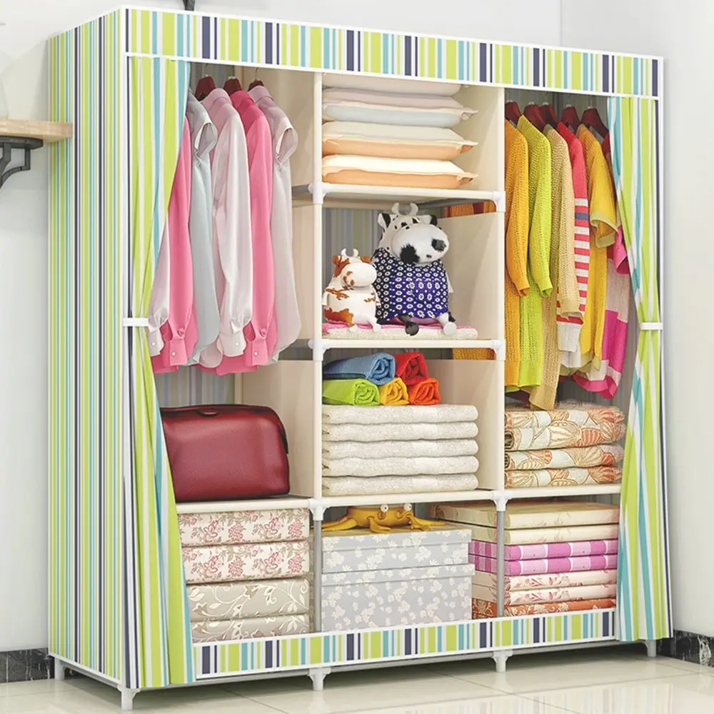 

Fully-Closed Portable Clothes Storage Closet Quilts Organizer Wardrobe with Metal Shelves & Dustproof Non-woven Fabric Cover