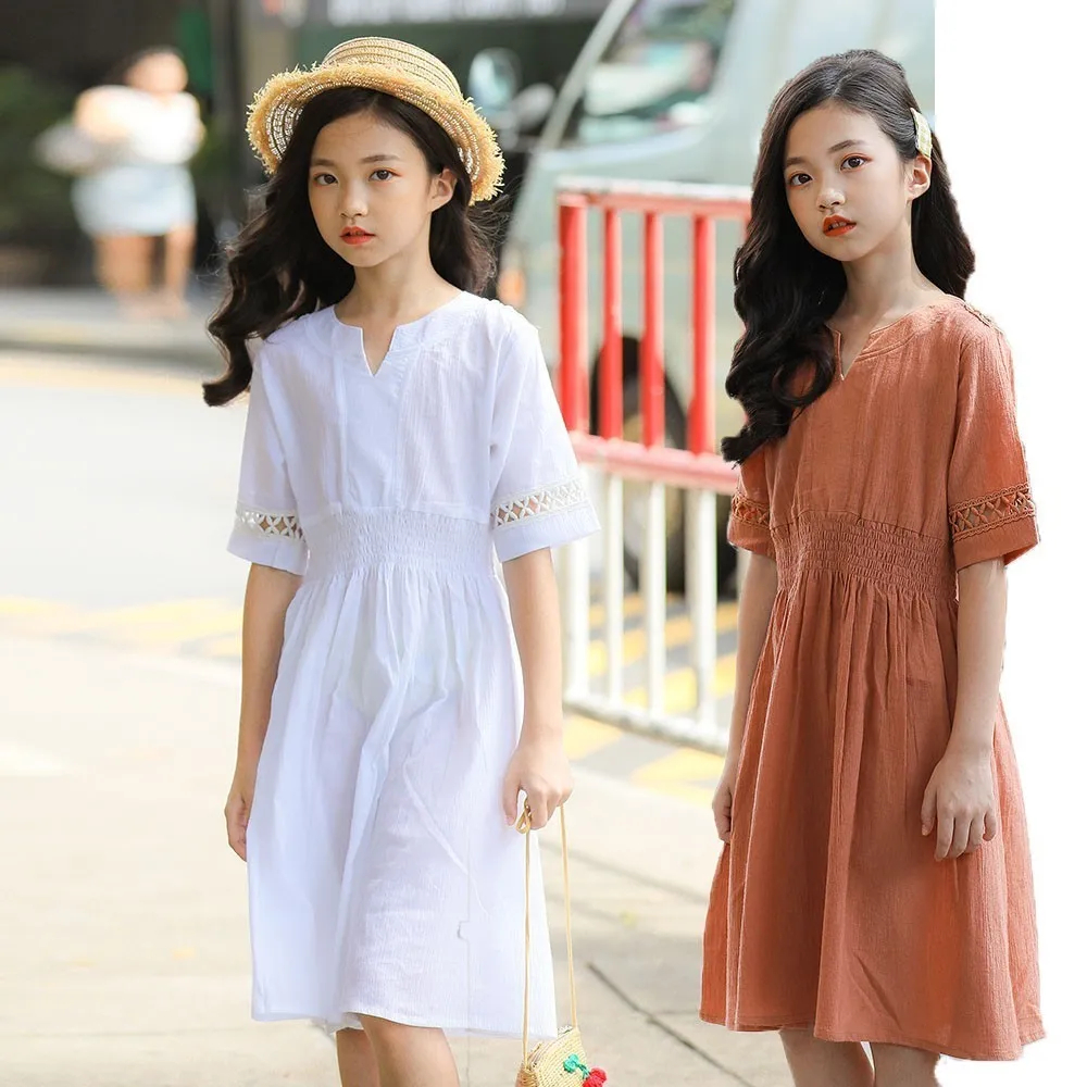 

Teen fashion child girl 2019 summer dress school white dress girl clothes new arrival