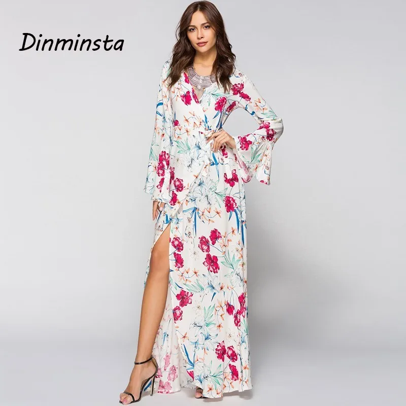 Женское богемное платье с высоким разрезом Dinminsta длинное цветочным принтом в