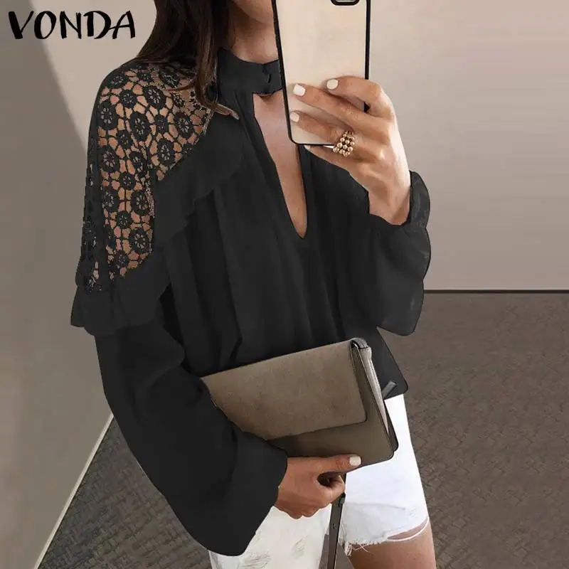  2019 VONDA Strapless Women Summer Lace Blouse Sexy Club Tops V Neck Lantern Sleeve Blusas Off The S