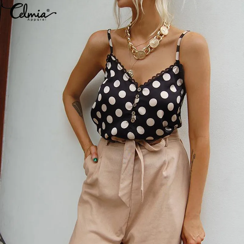 

Celmia Summer Dot Print Camis Women Sexy Sleeveless V Neck Tank Top Buttons Casual Strap Shirts Ladies Party Lace Tees Plus Size