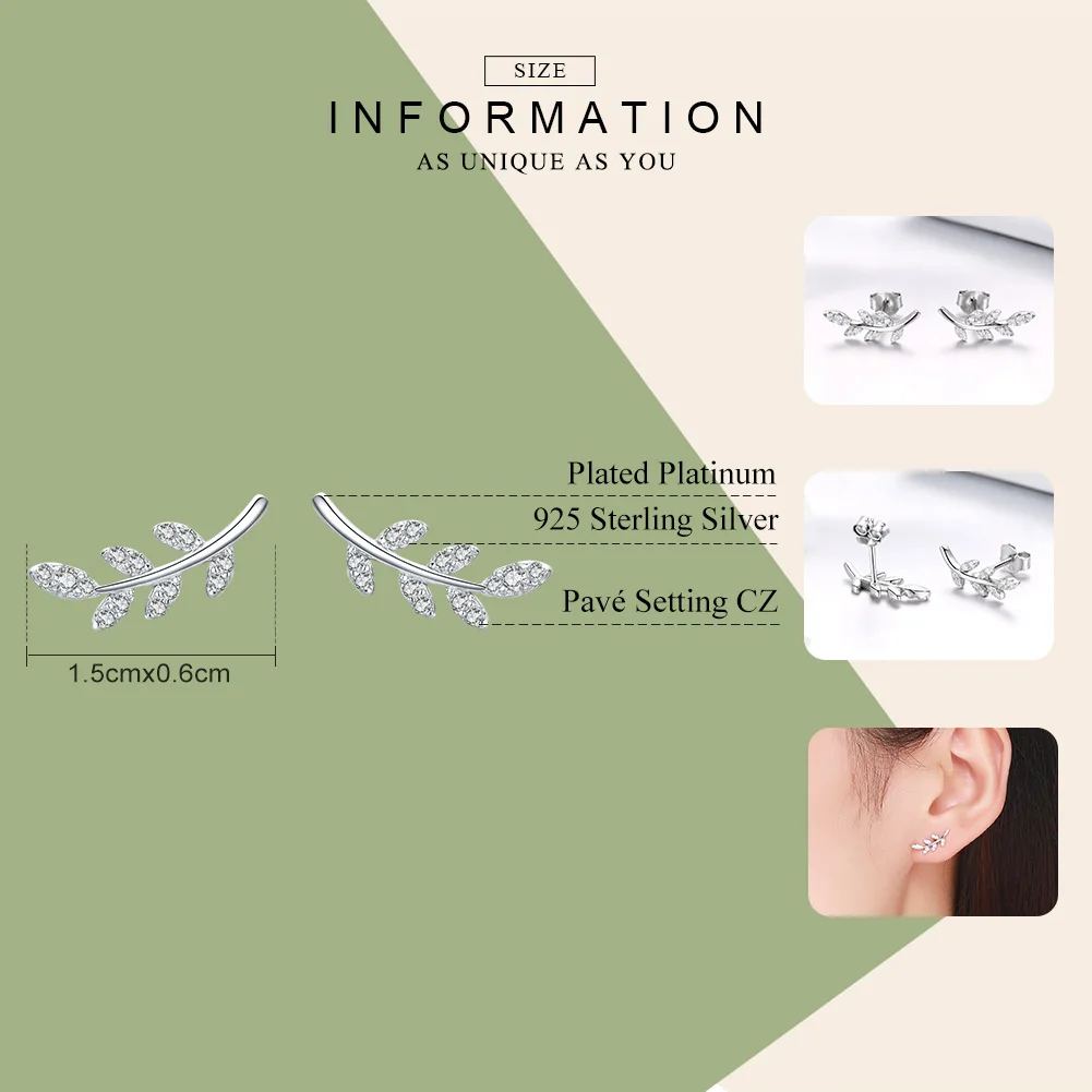 BAMOER Authentic 925 Sterling Silver Spring Leaf Leaves Clear CZ Zircon Stud Earrings for Women Fashion Earrings Jewelry BSE031