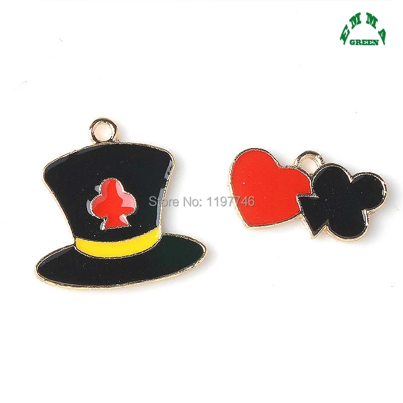 

Playing Card Heart Club Magic Hat Black Red Enamel Art Oil Drop Christmas Charms For DIY Jewelry Making 22mm 10pcs