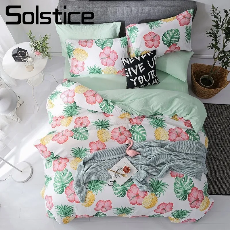 

Solstice Home Textile Bedding Set Flower Pineapple Printed Duvet Cover Pillowcase Sheet Girl Kid Woman Green Bed Linen King Twin