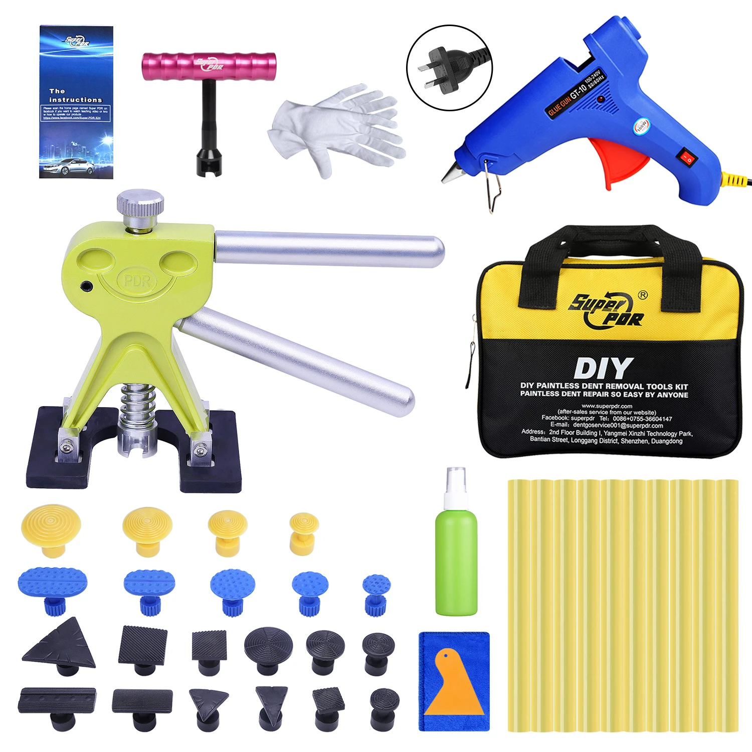 

Super PDR AU Plug Hot Melt Glue Gun For Hot Adhesive Glue Stick Auto Dent Puller Suction Cup Glue Tab Paintless Dent Removal Kit