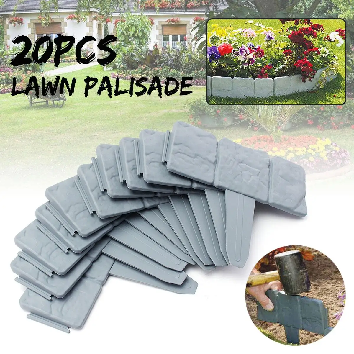 20 шт Серый садовый забор, окантовка из мощеного камня, пластиковая окантовка для лужайки, украшения для цветочной кровати
