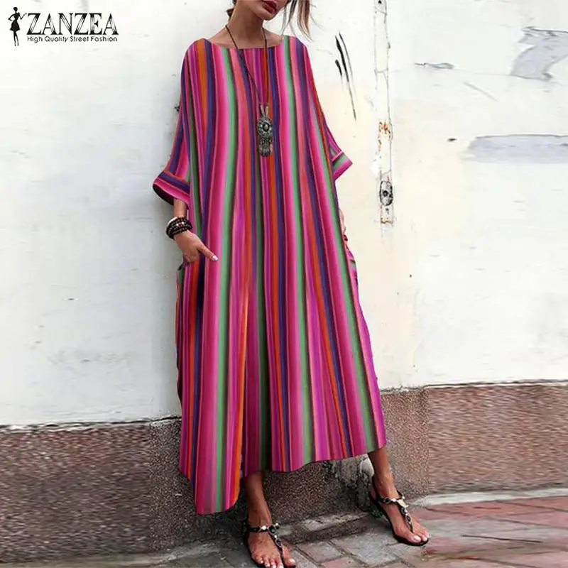 

ZANZEA 2019 Summer Striped Dress Women Bohemian Beach Maxi Long Vestido Robe Kaftan Tunic Female 3/4 Sleeve Baggy Loose Sundress