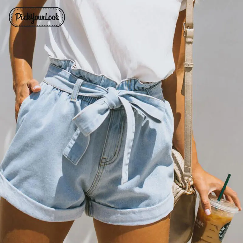 Pickyourlook женские джинсовые шорты джинсы светло-голубой пояс с высокой талией подворачиваемый подол Женские джинсы модные карманные летние