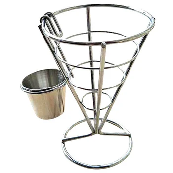 

Cone Snack Fried Chicken Display Rack Fries Foods Stand Holder Fry Chips Cone Metal Wire Basket With Sauce Dippers