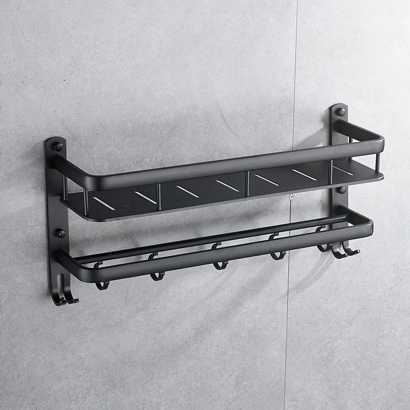 

Black Bathroom shelf Bathroom storage shelf Toilet bathroom wall hanging single layer with hook towel rack bathroom hardware kit