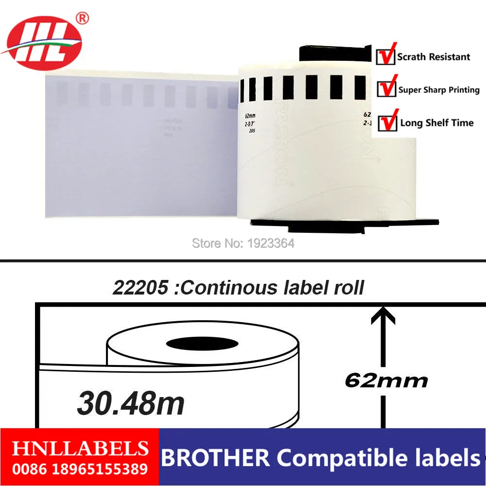 50 рулонов совместимые с Brother этикетки dk22205 dk2205 DK 22205 62x30 48 м клейкие термоэтикетки