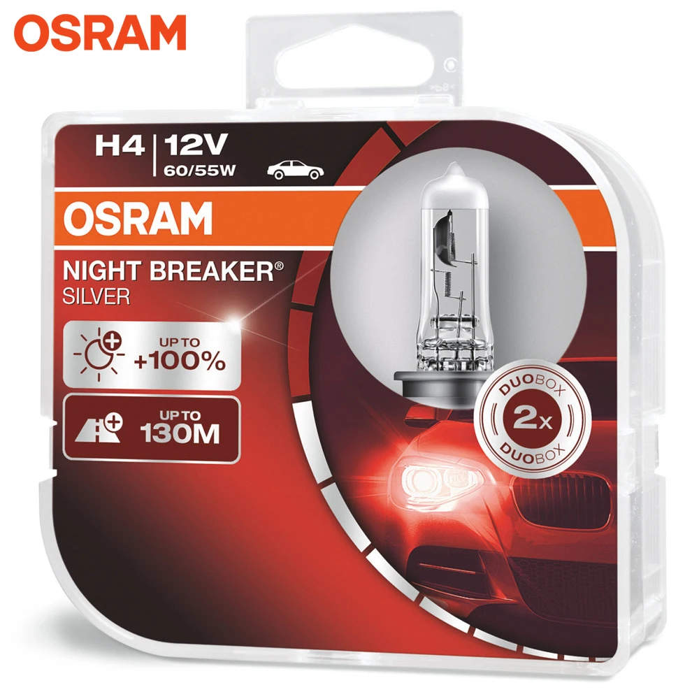 Галогеновая лампа головного света OSRAM NIGHT BREAKER SILVER H4 цвет белый 12В 55Вт 4200K(2 шт