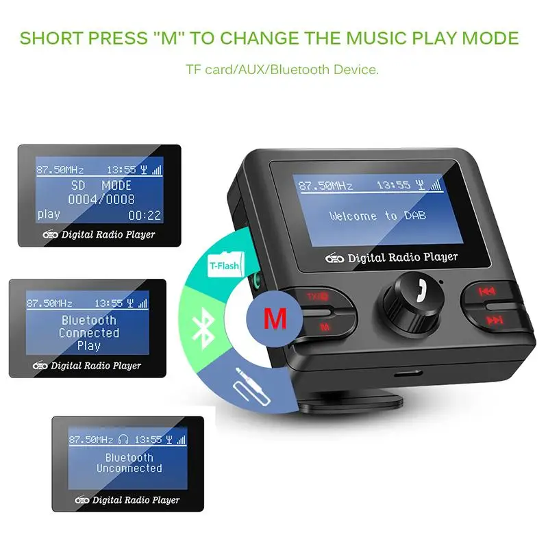 DAB Receiver Bluetooth 4.2 FM Transmitter Car Kit Music Player Modulator Dual USB 2.1A Charger Support TF with Antenna