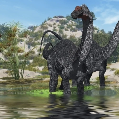 Two Apatosaurus dinosaur wade through a lush pond Poster Print (40 x 20) | Дом и сад