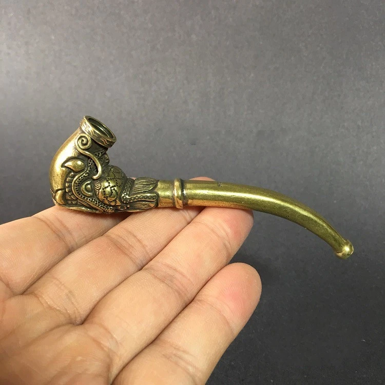Коллекционный китайский латунный резной дракон голова труба дракон феникс трубка табачный мешочек изысканные маленькие статуи
