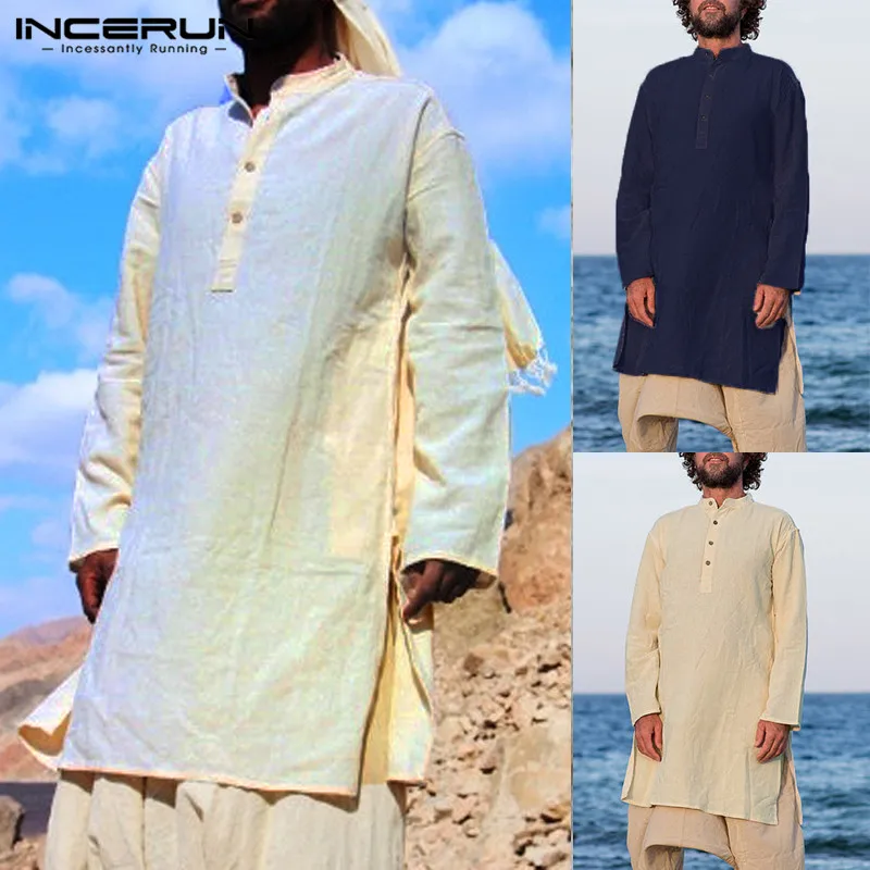 

INCERUN Autumn Men Shirt Stand Collar Long Sleeve Button Retro Men Tops Middle East Solid Cotton Long Shirts Men Kurta Suit 2019