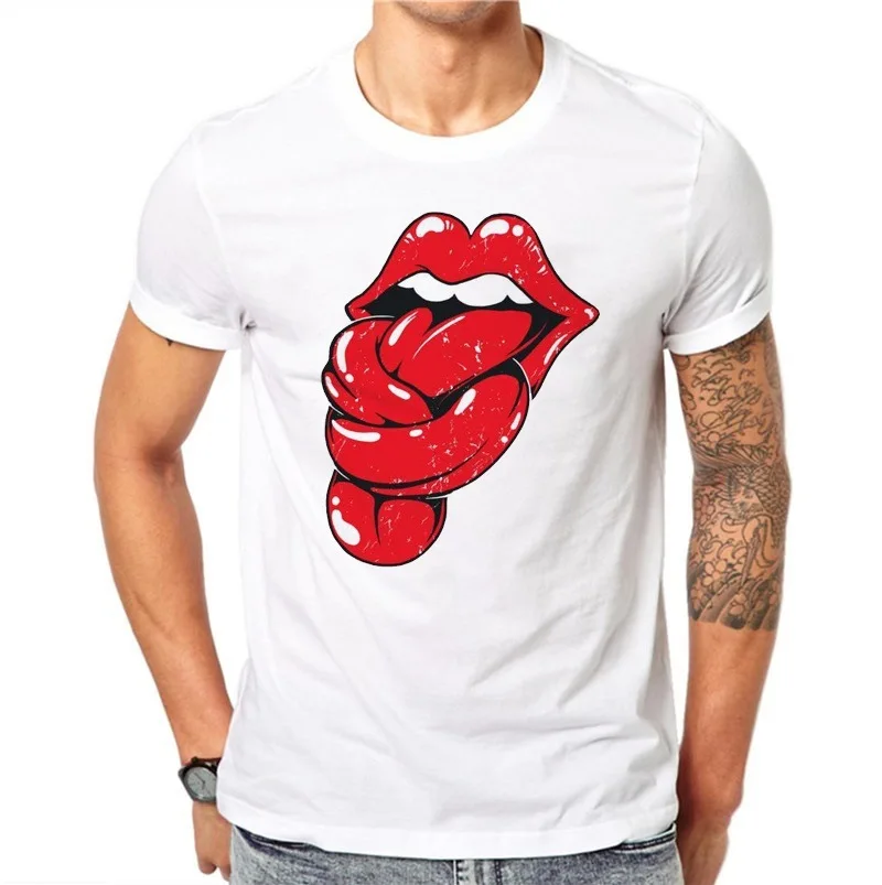 

Funny and humorous red lips print teen men's t-shirt summer casual short-sleeved white T-shirt tops simple and stylish