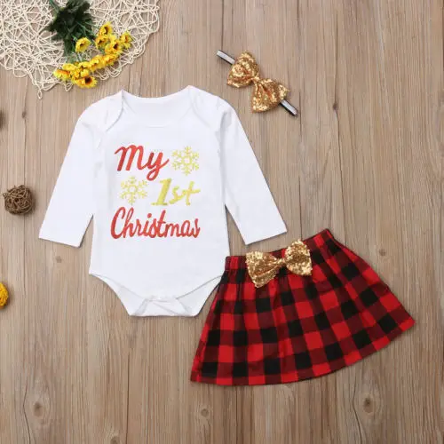 Рождественская Одежда для новорожденных и маленьких девочек; комбинезон с юбкой-пачкой для первого Рождества