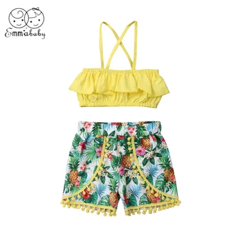 

2019 Brand New Cute Style Ruffle Strap T-shirt Tops Floral Shorts 0-7T Toddler Baby Girl Clothes Outfit Set