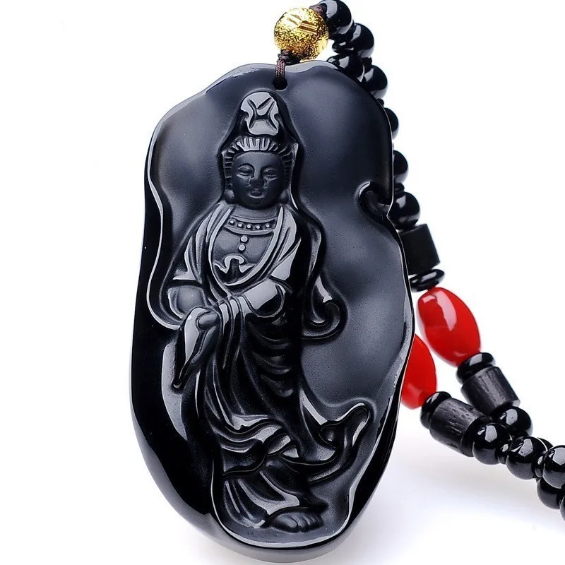 AURAREIKI натуральный обсидиан Guanyin Ожерелье Подвеска буддизм амулет жемчужное