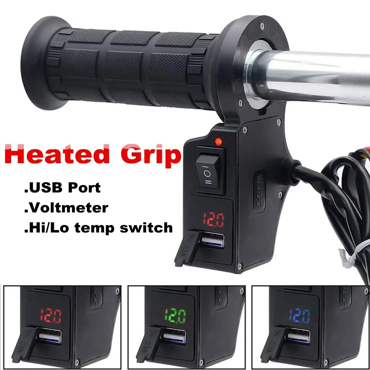 

12V 7/8inch Motorcycle Handlebar Heated Grips with LED USB Charger Hot Grip Handlebar Hand Warmer