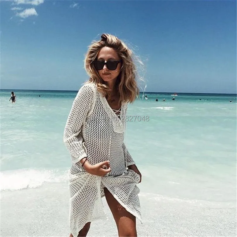 

Saida De Praia Beach Cover Up Swimsuit Ladies Beachwear Dresses 2019 Skirt Knitting Hollow Bandage Sun Robe Plage Tunique Banho