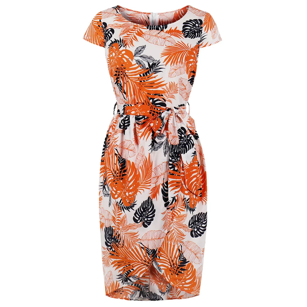 

Joineles Leaf Print Summer Women Bodycon Vintage Dress Belts Orange 100%Cotton Retro Dress Party Vestidos De Festa Audrey Dress