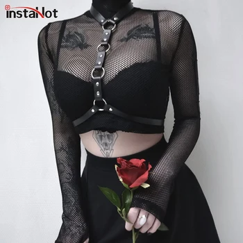 

Sexy Fishnet Turtleneck Mesh Crop Tops Women Sexy See Through Club Blouse Belt Choker Gothic Shirts Party Autumn Navel Plain
