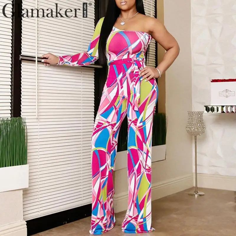 

Glamaker One shoulder long overalls for women jumpsuit romper Wide leg sexy jumpsuit summer style 2019 elastic jumpsuit female