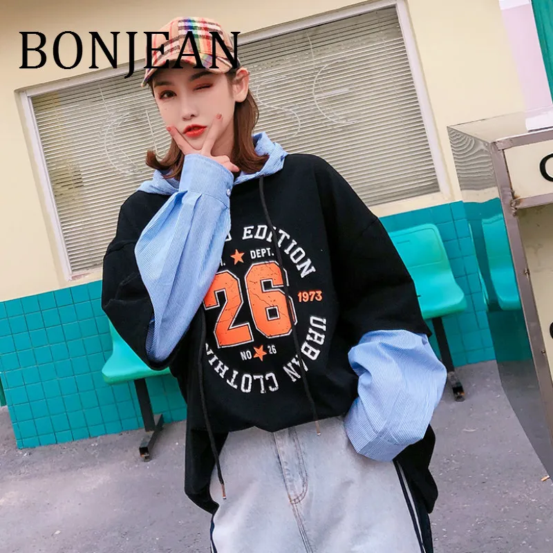 BONJEAN Letters Print Sweatshirt for Women 2019 Spring Tops and Pullovers Patchwork Clothing Black Hooded Sweatshirts BJ842