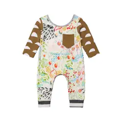 Комбинезон с цветочным принтом для новорожденных мальчиков и девочек, комбинезон с карманом, одежда с короткими рукавами, спортивный