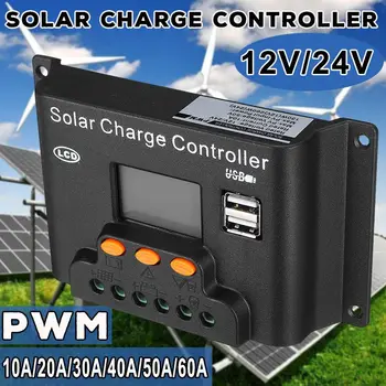 

10/20/30/40/50/60A PWN Solar Charge Controller Dual USB LCD Display 12V 24V Auto Solar Cell Panel Charger Regulator PV Home