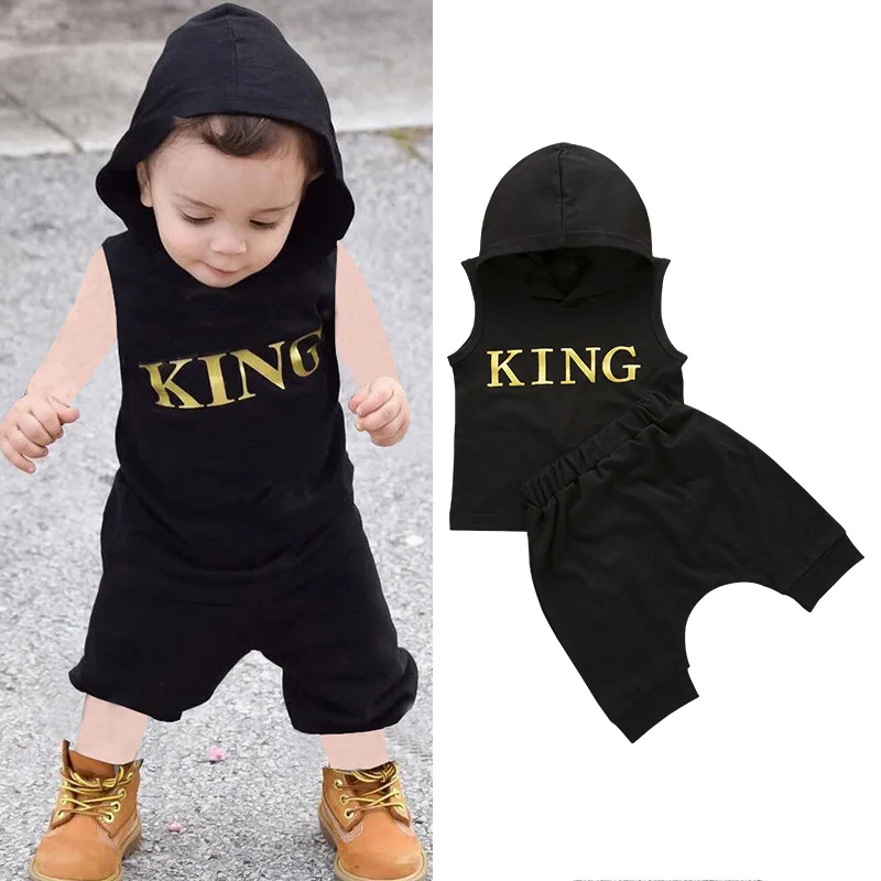 

King Print Sleeveless Hoodie Top and Shorts Set For Toddler and baby Boy