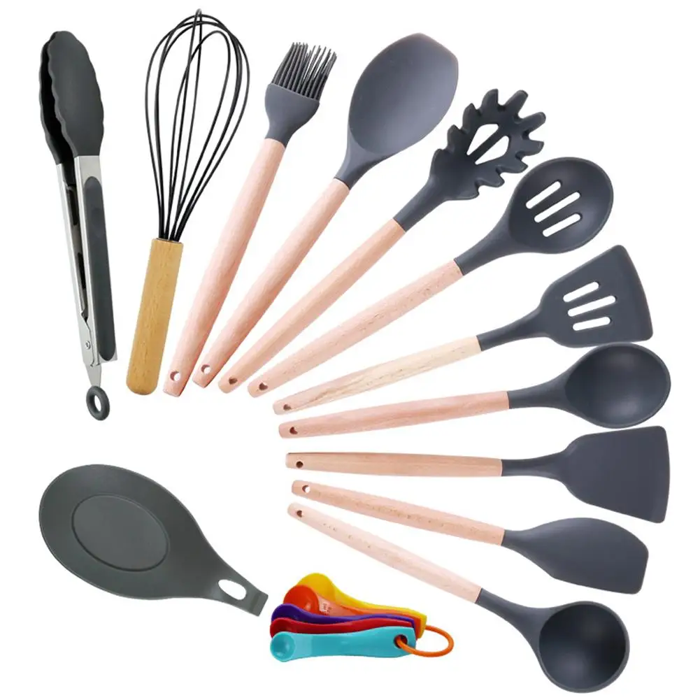 

17PCS High Temperature Resistance Wooden Handle Silicone Kitchen Utensils Tool Set Shovel Cake Spatula Scraper Measuring Spoon