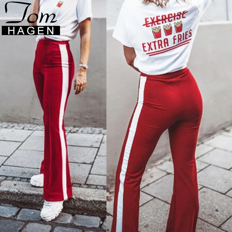 Boho Высокая талия расклешенные брюки женские повседневные Лоскутные красные