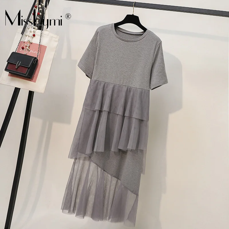

L-5XL Plus Size Mesh Dress Summer Women Clothes 2019 Short Sleeve Long T shirt Dress Patchwork Mesh Ruffle Midi Dresses