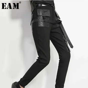 

[EAM] 2020 New Spring High Waist Black Pu Leather Split Joint Loose Long Pencil Pants Women Trousers Fashion Tide JK398