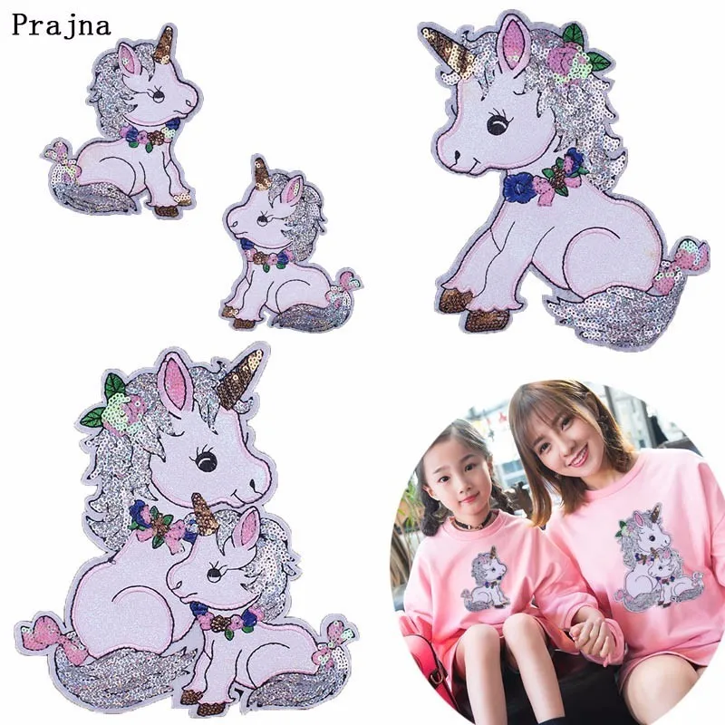 

Prajna White Unicorn Sequined Stickers Embroidered Sew On Horse Patches For Family 3D DIY Big Small Garment Accessory Cartoon H