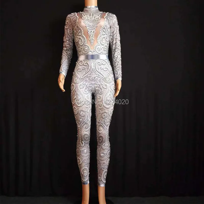 

2019 Sparkly Crystals Jumpsuit Women Sexy Nude Leggings Bodysuit Costume Dance DJ Show Stage Wear Female Singer Costume