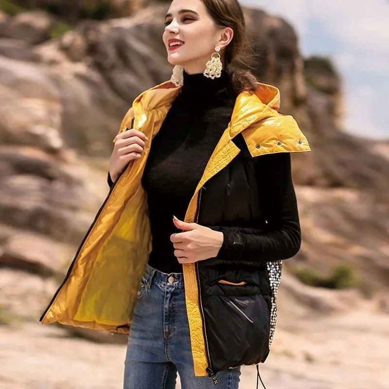 Nouveau D'hiver Hj70 2019 La Femelle Capuche Manteau Personnalité Le Gilet Mode Noir Jaune Veste Doublure De Mince À Bas Sequin Poche Vers Black Femmes Fw7HxAq