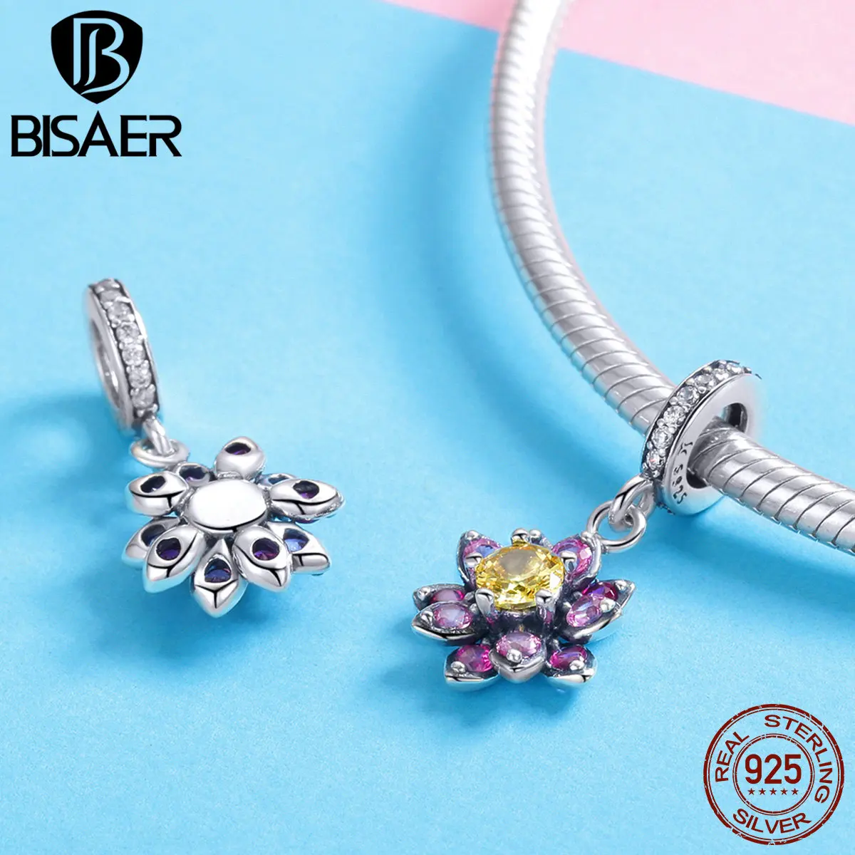 

BISAER 2019 New Charm 925 Sterling Silver Colorful Plant Shape CZ Pendant Bracelet&Necklace Jewelry Making For Women HSC1009