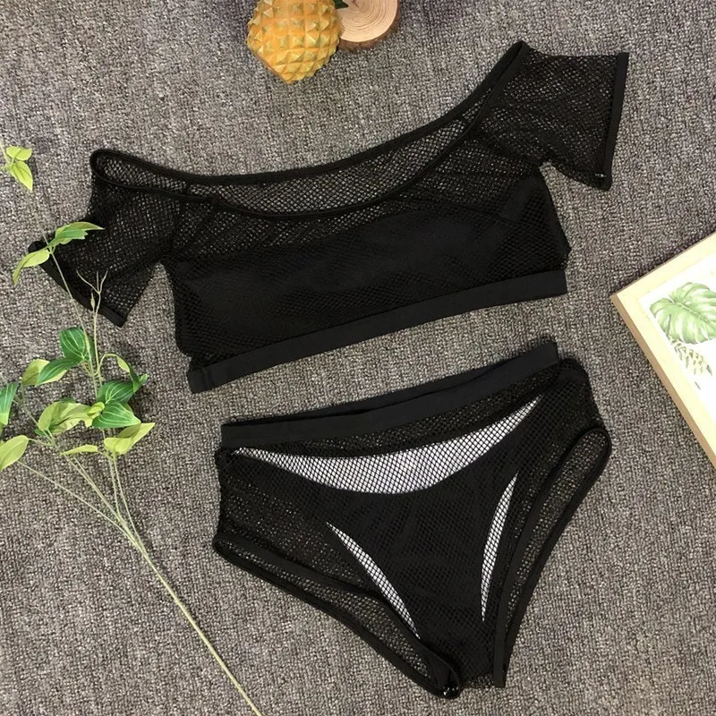

Women Swimsuit Sexy Mesh Split Four-piece Swimwear Mini Bikini Set Low Waist Bandeau Bathing Suit For Women Summer Bathing Suits