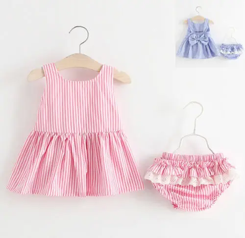 

2PCS Toddler Babys Girls Clothes Summer Sleeveless Cute Striped Tutu Dress Bottoms Kid Bowknot Outfit Baby Girl Clothes Set