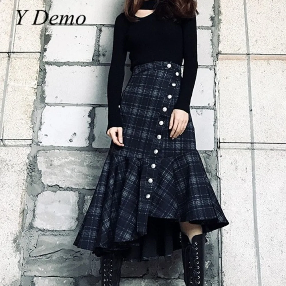 

Punk Stylish Metal Buttons Decoration Asymmetry Design Long Fish Tail Skirt Woman Vintage Plaid Patchwork Pleated Skirts
