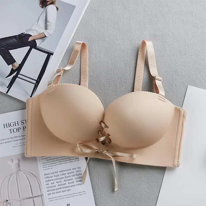 Women lady Breathable material Padded Brassiere Gather Bandage Lace Up