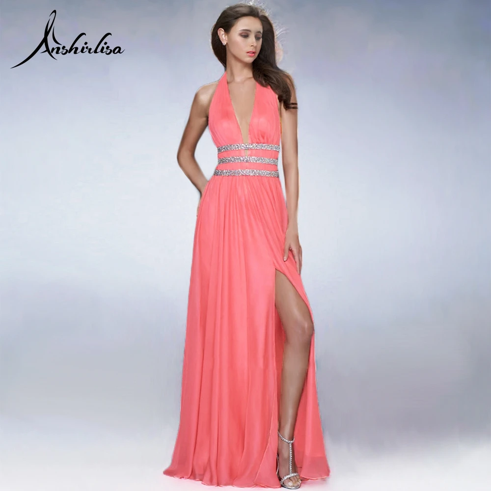 

Anshirlisa Women Long Prom Dress Backless Sleeveless Slit V-neck Halter Elegant Watermelon-red Chiffon Birthday Party Gala Gown