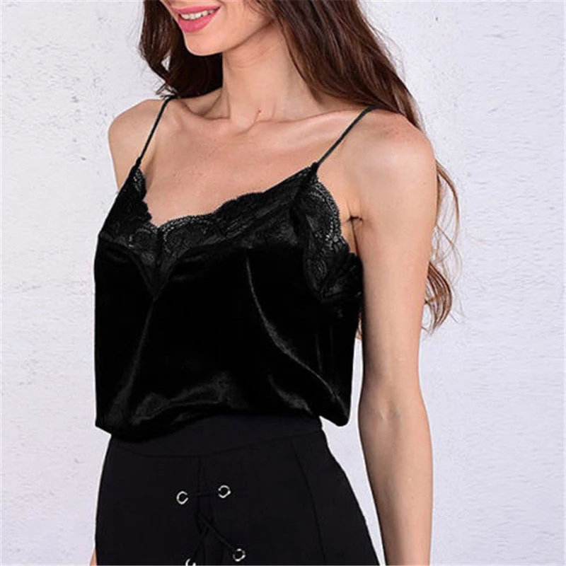 

Fashion Sweet Casual Summer Velvet Tops Women Ladies Sleeveless Lace V-Neck Pullover Slim Solid Camis 4 Style Size S/M/L/XL