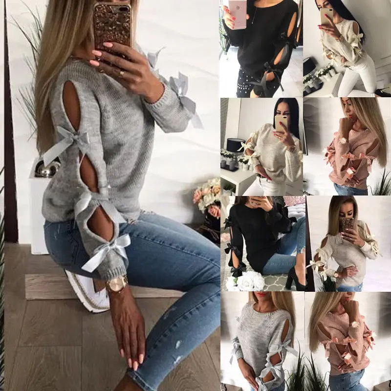 New Women Bow Hollow out Longsleeve Warm Sweater Pullover Knitting Bow Loose O-Neck Tops Blouse Knitwear