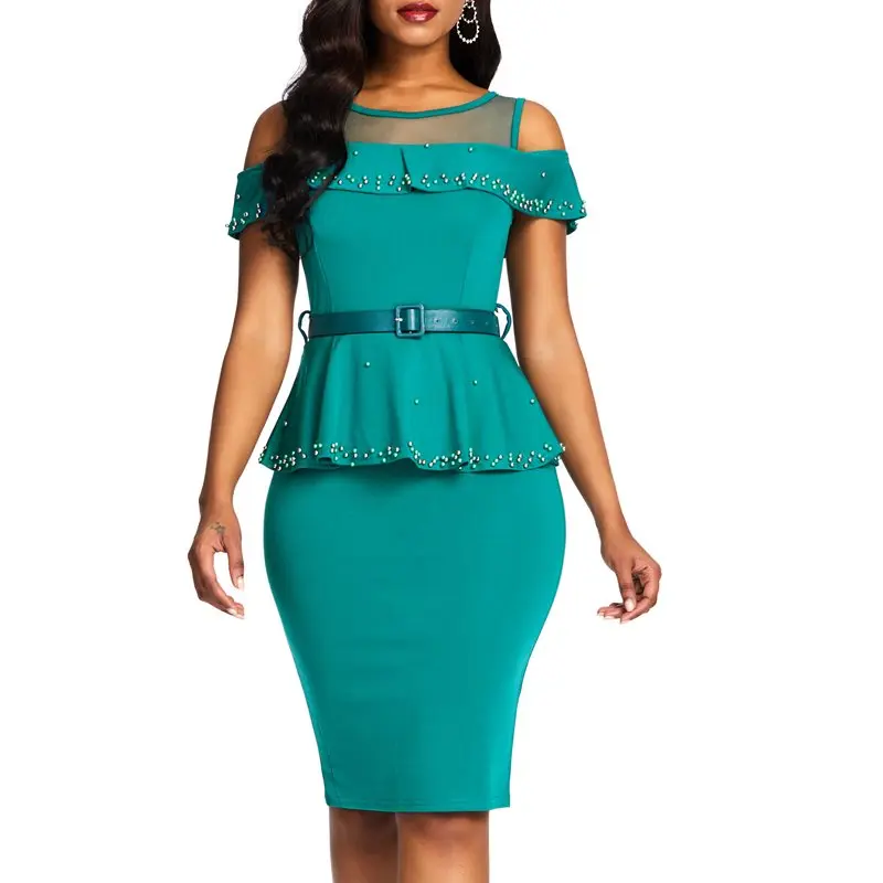 

Women Office Dresses Elegant Mesh Off Shoulder Sexy Fashion Ruffles Beading Summer Female Belt Slim Work Wear Black Bodyon Dress