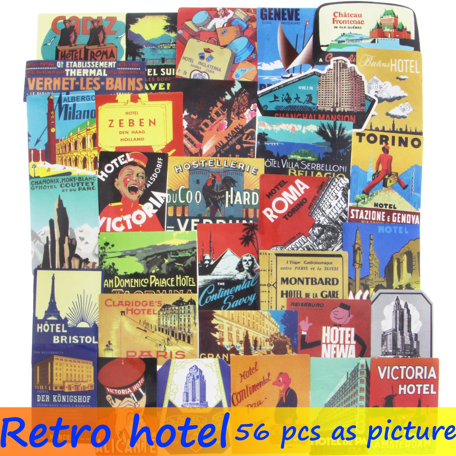 

56 Pcs Retro Hotel Sticker JDM Artistic Graffiti Travel Building Logo DIY Stickers For Laptop Car Luggage Suitcase Bicycle Decal